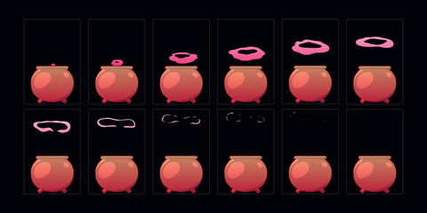 Wall Mural - The witch's cauldron with pink smoke animation set. 2d cartoon smoke animated sprite sheet frames.
