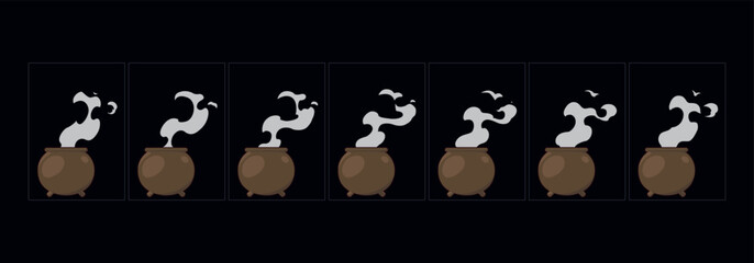 Wall Mural - The witch's cauldron with smoke  animation set. 2d cartoon smoke animated sprite sheet frames.