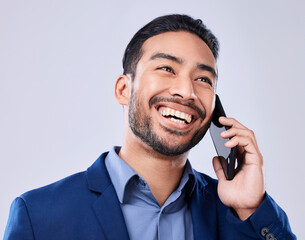Poster - Business, phone call and man with a smile, conversation and connection on a white studio background. Person, employee and entrepreneur with a smartphone, communication and discussion with a contact