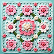 Floral Pattern of Granny squares. Blue Purple crochet flowers. Top View Colorful illustration