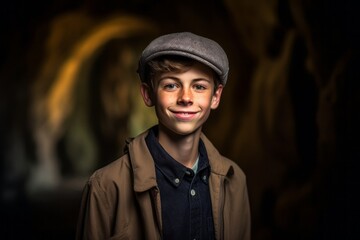 Headshot portrait photography of a blissful boy in his 30s clenching fists wearing a stylish beret at the waitomo glowworm caves in waikato new zealand. With generative AI technology