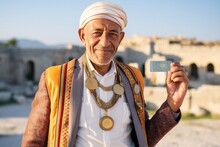 Medium Shot Portrait Photography Of A Jovial Mature Man Holding A Credit Card Donning An Ornate Brooch At The Pamukkale In Denizli Turkey. With Generative AI Technology