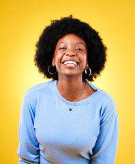 Poster - Portrait, happy black woman and white teeth in studio isolated on a yellow background. Face, smile and African person laughing, funny joke and excited in casual clothes, fashion and style in Nigeria.