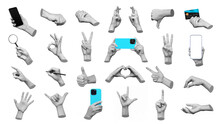 Set Of 3d Hands Showing Gestures Ok, Peace, Thumb Up, Dislike, Point To Object, Holding Magnifier, Mobil Phone, Banl Card,writing On White Background. Contemporary Art, Creative Collage. Modern Design