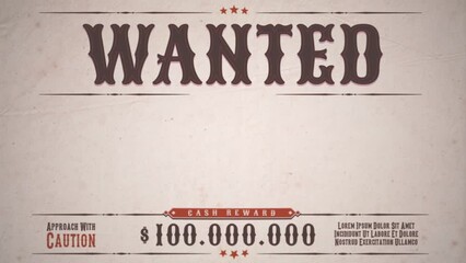 Wall Mural - Wanted Dead Or Alive Western Movie Background/ 4k animation of a vintage old wanted placard poster with dead or alive mention, one hundred million cash reward and grunge texture