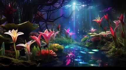 Wall Mural - cosmic lily in universe. fantasy fairy tale abstract blossoming flowers with galaxy space illustrati