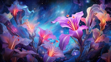 Wall Mural - cosmic lily in universe. fantasy fairy tale abstract blossoming flowers with galaxy space illustrati