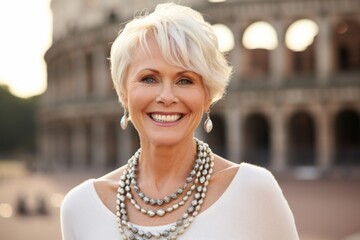 Headshot portrait photography of a satisfied mature woman wearing a stunning statement necklace against the colosseum in rome italy. With generative AI technology