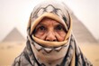 Close-up portrait photography of a content mature woman wearing a versatile buff in front of the pyramids of giza in cairo egypt. With generative AI technology