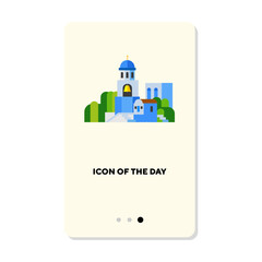 Wall Mural - National old building or Blue Santorini church flat icon. Building, church isolated vector sign. Sightseeing and tourism concept. Vector illustration symbol elements for web design