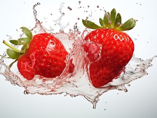 Strawberries splashing with water on a white background, close-up 