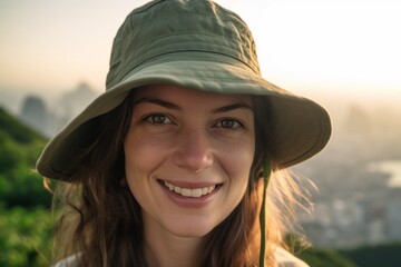 Poster - Close-up portrait photography of a merry girl in her 30s wearing a practical bucket hat near the christ the redeemer in rio de janeiro brazil. With generative AI technology