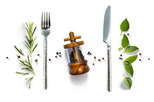Silverware And Fresh Mediterranean Herb And Spices With Real Transparent Shadow Isolated On Transparent Background. PNG Food Cooking Background Design Element