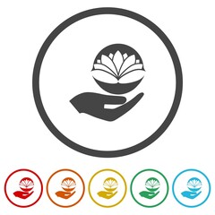 Poster - Lotus flower human care logo. Set icons in color circle buttons