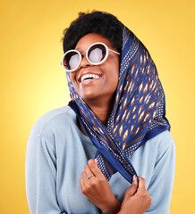 Sticker - Fashion, laughing and sunglasses with face of black woman in studio for vintage, trendy and beauty. Elegant, makeup and pride with person and retro scarf on yellow background for frames and style