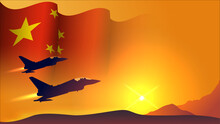 Fighter Jet Plane With China Waving Flag Background Design With Sunset View Suitable For National China Air Forces Day Event