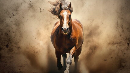 A horse galloping through a field, captured from a low angle that showcases its strength and beauty.