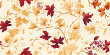 Seamless Leaf Pattern With Brown And Black Botanical Background. Vector Design Of Abstract Leaves In Autumn Colors. Perfect For Decoration And Fabrics
