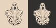Vintage retro Halloween ghost character cartoon spooky scary horror element. Monochrome Graphic Art. Vector. Hand drawn element