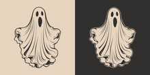 Vintage Retro Halloween Ghost Character Cartoon Spooky Scary Horror Element. Monochrome Graphic Art. Vector. Hand Drawn Element