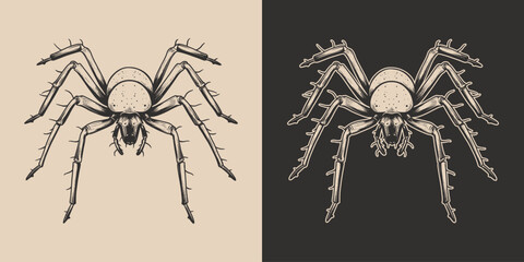 Vintage retro Halloween spider insect. Monochrome Graphic Art. Vector. Hand drawn element in engraving. style