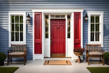 A Front Porch Swing, Lovely Shutters, And A White Façade With A Red Barn Door Contrast