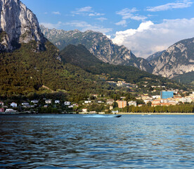 panorama of alpine lake como against the backdround of the alps located in the lombardy region in no