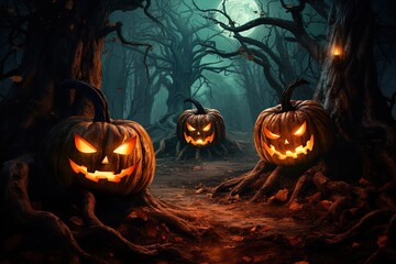 Halloween background with scary pumpkins in dark forest.Generative Ai