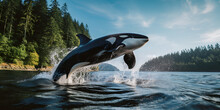Diving Into Wonder  Exploring Killer Whales In Salish Sea Killer Whale Diving In Salish Sea Impressed By The Power Of Killer Whales That Swim And Jump Freely In The Ocean.  AI Generative 