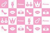 Fototapeta Abstrakcje - abstract square seamless pattern with cute elements for princess. crown, bag, beads, shoes. trendy pink background for girl. surface design, textile, print, wrapping paper. vector art. barbie style