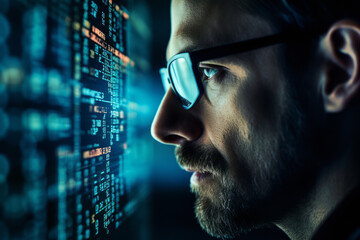 Portrait of a man wearing glasses standing very close to a screen displaying blue data analysis or numbers. IT company.generative ai
