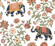 Indian elephants and flowers seamless pattern. Chintz wallpaper.