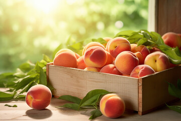 Wall Mural - Beautiful fresh peaches in a wooden crate with green leaves standing on a wooden counter or table with a beautiful background with sunlight.generative ai

