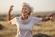 Environmental portrait photography of a cheerful mature woman wearing a comfortable yoga top at the serengeti national park tanzania. With generative AI technology