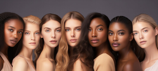 Wall Mural - portrait of diverse group of beautiful women with natural beauty and glowing smooth skin