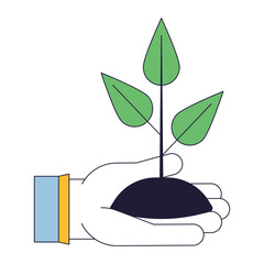 Poster - holding plant flat line concept vector spot illustration. gargening. hobby. put plant into soil 2d c
