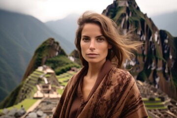 Photography in the style of pensive portraiture of a blissful mature woman wearing a trendy off-shoulder blouse at the machu picchu in cusco region peru. With generative AI technology