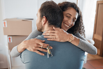 House keys, success or happy couple hug in real estate, property investment or buying apartment. New home goal, achievement or excited man with smile or woman to celebrate moving in flat together