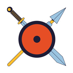 Poster - crossed medieval weapon behind shield flat line color isolated vector object. sword and spear. edita