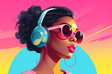 Generative ai illustration black woman wearing headphones enjoying music