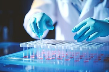 Wall Mural - Scientist in lab organizing test tubes in rack A pair of hands doing an experiment Scientist arranging test tube in rack while working in laboratory