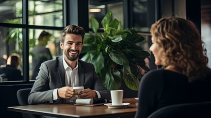 Wall Mural - casual business discussion conversation positive vibe smiling cheerful brain storm ideas sharing in cafe coffeeshop casual meeting in cafe ideas concept