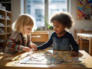 two small children playing at a table in a kindergarten or in a playroom in an elementary school