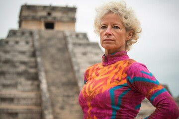 Photography in the style of pensive portraiture of a merry mature woman wearing a vibrant rash guard at the chichen itza yucatan mexico. With generative AI technology