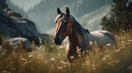 Illustration of a horse relaxing in the wild with other animals in the forest