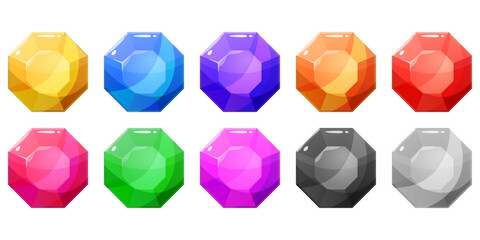 Leinwandbilder - Set of ten multicolored crystals, gems, diamonds. Collection of cartoon style vector graphic resources for game design.