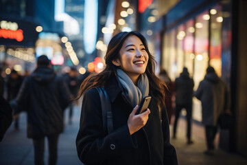 portrait of a joyful smiling asian woman walking on the city street