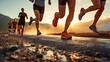 Marathon jogging race people running in the light of sunset, close up legs, sport wellness concept