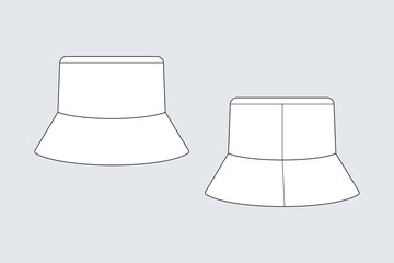 Wall Mural - Bucket hat, panama hat template isolated on a grey background. Front and back view. Outline fashion technical sketch of accessories model.