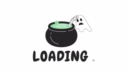 Poster - Cauldron with floating ghosts black and white loading animation. Boiling pot Halloween outline 2D cartoon scene 4K video loader motion graphic. Magic cooking with haunted spirits waiting animated gif